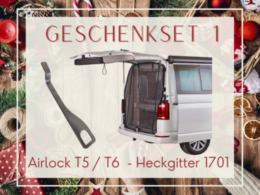 Geschenkset 1: VW Bus T5 / T6 / T6.1 Insektenschutzgitter Moskitonetz Heckklappe + Airlock T5 / T6